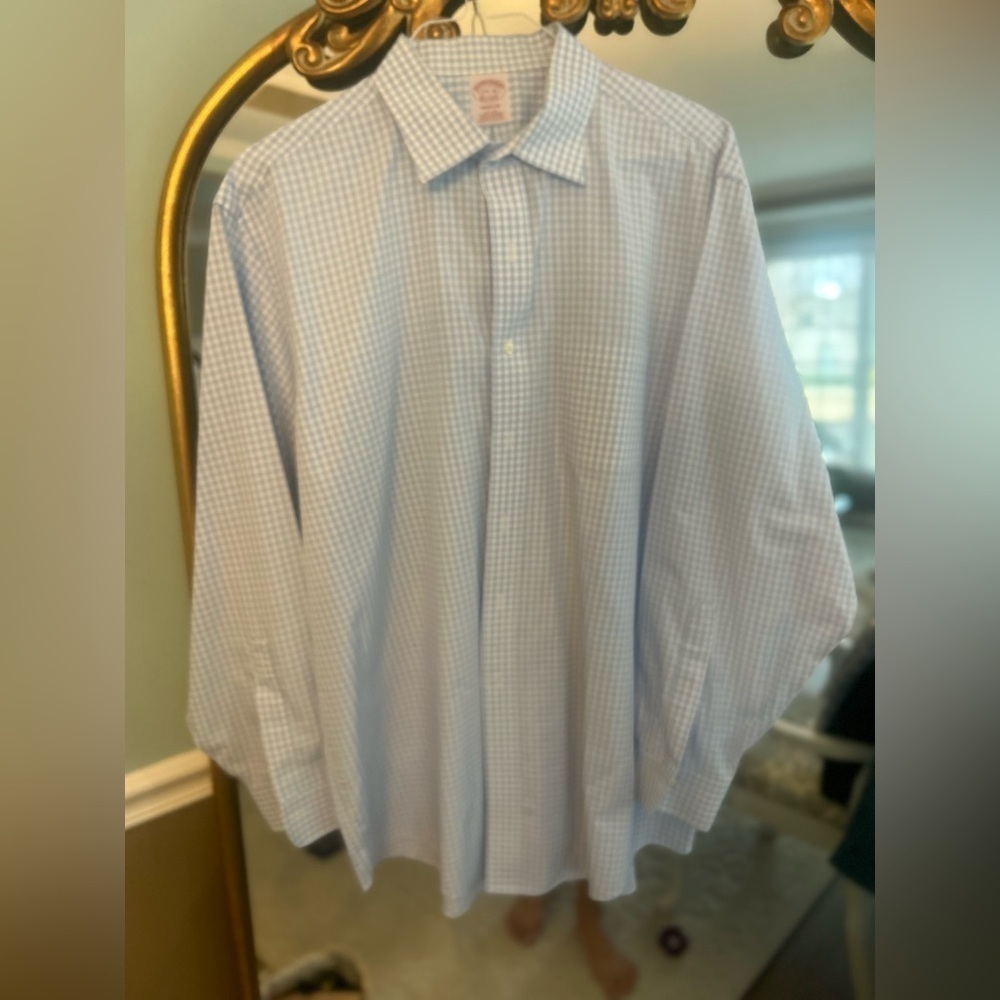 Mens Brook Brothers Madison Blue Checkered Dress Shirt Size 17 1/2-35 - like new
